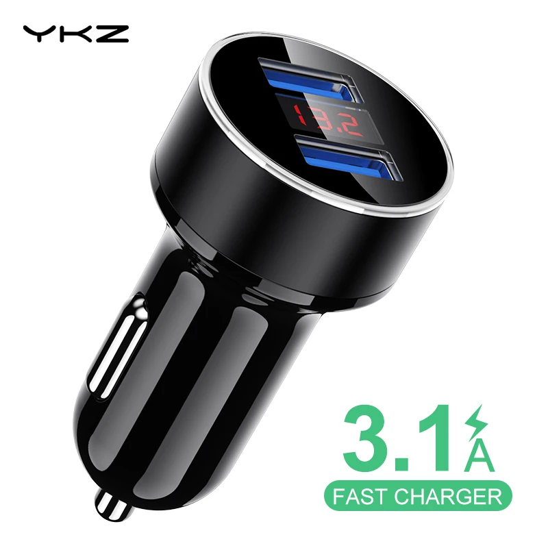 

Car Phone Charger 3.1A Fast Charger LED Display, YKZ Dual USB Car Charger for iPhone Samsung mobile Charger for phone in car
