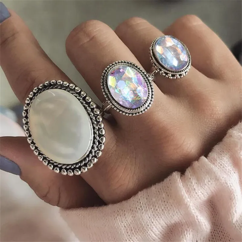 BUTEELUVV Colorful Oval Crystal Knuckle Rings for Women Vintage Carved