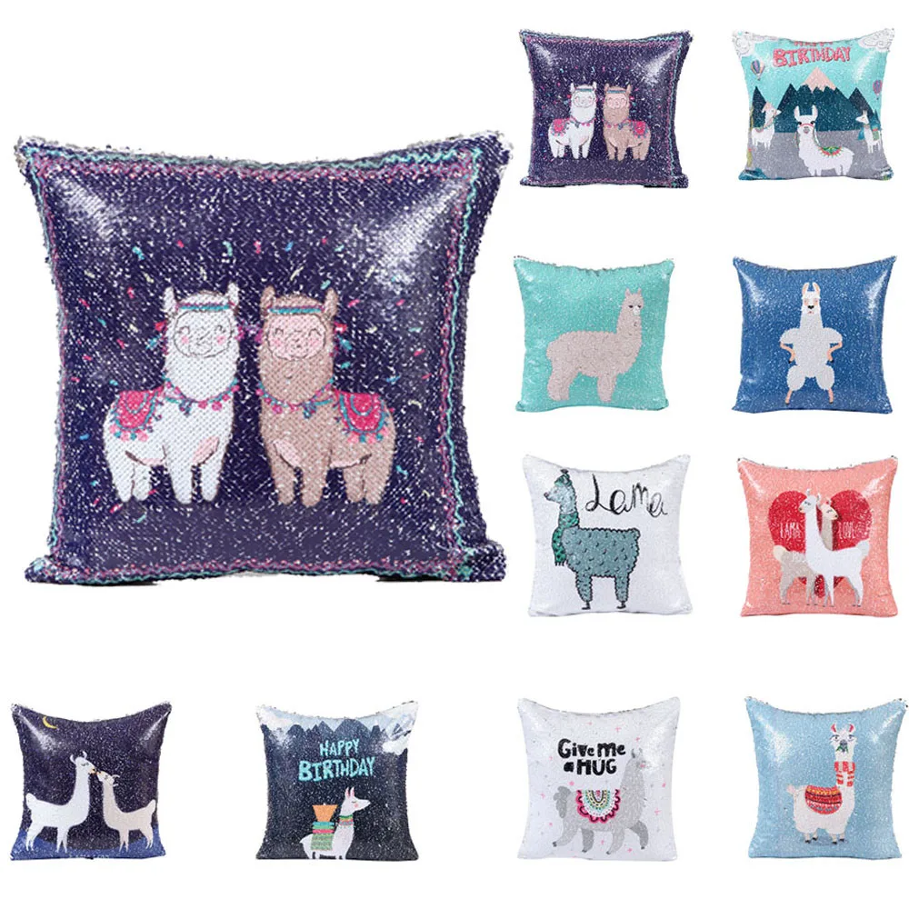 

DIY Two Tone Alpaca Glitter Sequins Throw Pillow Case 40x40cm Home Decorative Pillows Cover For Sofa Car Seat Cushion Cover