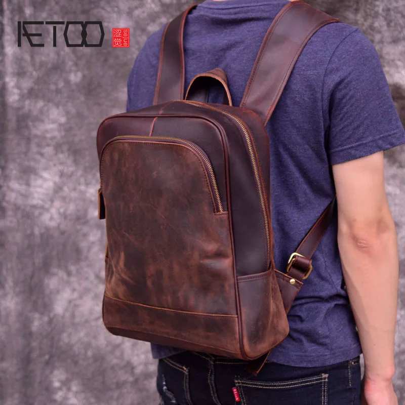 

AETOO New leather men's shoulder bag, head-layer cowhide travel backpack, retro mad horse bag, computer bag
