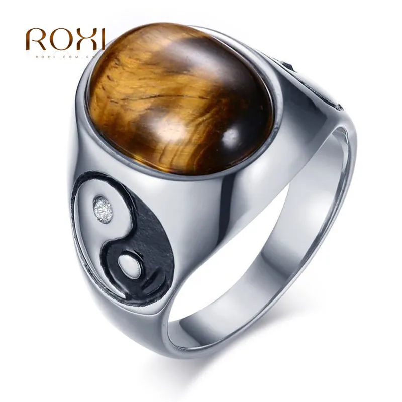 

Vintage Stainless Steel Men Boy Ring Oval Tiger Eye Brown Stones with Yin Yang Symbol Ring Male Anel anillo hombre Jewelry Z4