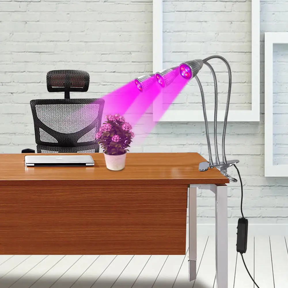 Светодиодный светильник для выращивания 15 Вт, настольная лампа с тремя головками и клипсой, с гибкой головкой на 360 градусов и 3 раздельными переключателями управления для растений