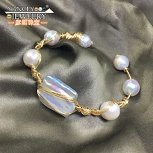 Новые популярные элементы, дизайн, натуральный браслет с жемчужинами в стиле барокко, Женские Ювелирные изделия с 9 k золотым ручной работы