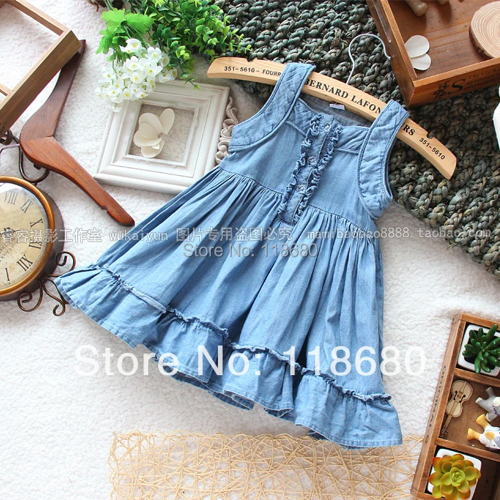 

Free shipping new 2014 summer dress girls clothes child denim dress baby girl sleeveless suspender dress kids casual dress