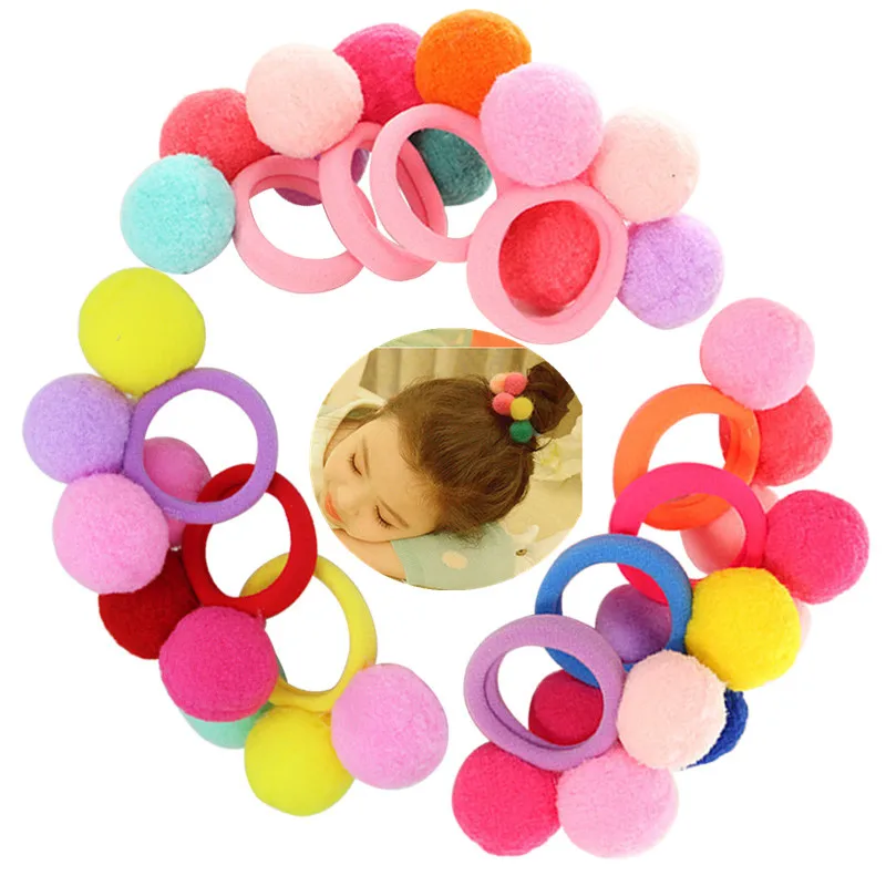 

1 Piece Candy Color Pom Balls Girls' Elastic Hair Ties Kids Ponytail Holder Hair Ropes Girls' Hair Accessories