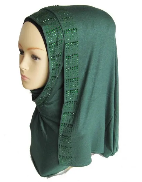 12 шт./лот) Джерси хлопок со стразами мусульманин длинный шарф исламский хиджаб шарф разных цветов QK007