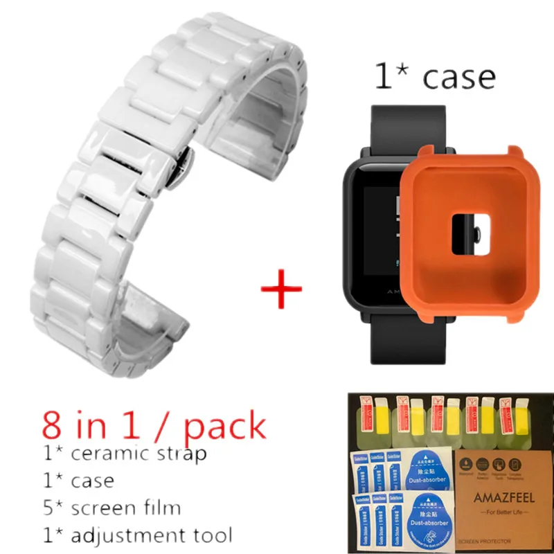 white 2 8 в 1 высококачественный керамический ремешок для часов 20 мм для xiaomi huami Amazfit Bip+ силиконовый чехол и ТПУ Защитная пленка для экрана - Цвет: white 2