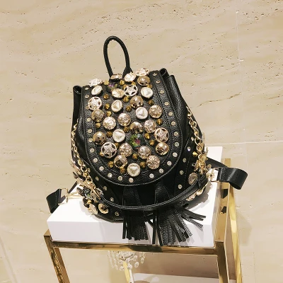 BENVICHED Личность шнурок сумка с кисточками через плечо Модные ботильоны с заклепками в стиле «панк» с пряжкой цепи ведро мешок c101 - Цвет: black Backpack