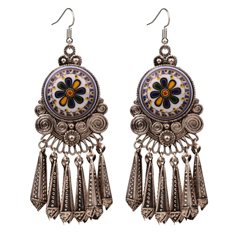 

2 colors Ethnic Vintage Tribal Carved Flower Big Long Tassel Earrings For Women New Fashion Jewelry 2019