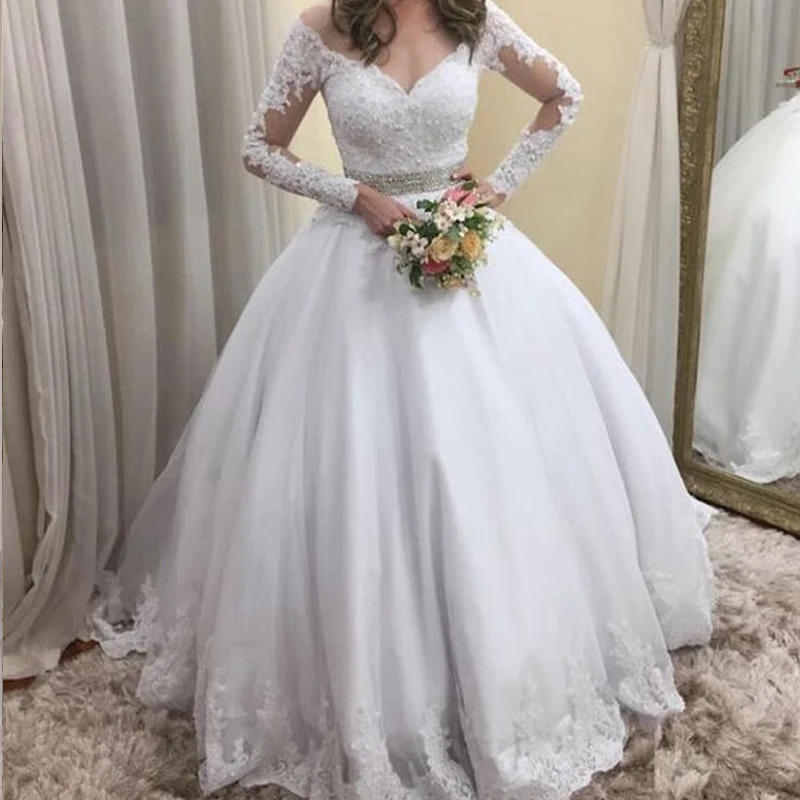 Vestido De Noiva 2019 кружево бисером Винтаж свадебное платье Sexy V образным вырезом Аппликация с длинным рукавом Robe de mariée Casamento невесты