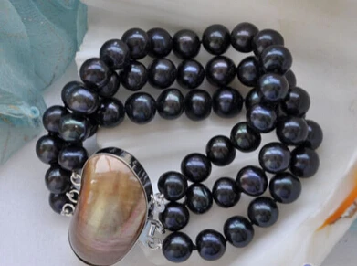 

Miss charm Jew.204 3row 8" 9-10mm black round freshwater pearl bracelet