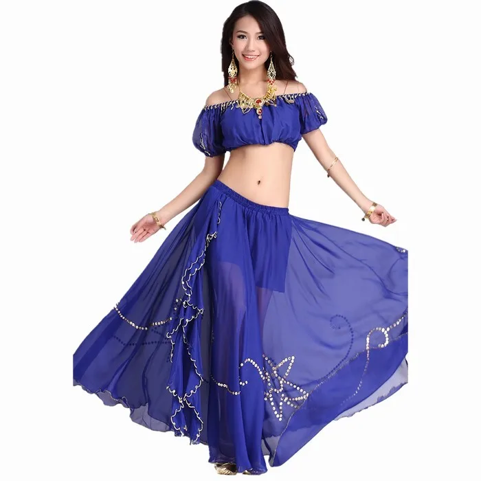 Women s Belly dance costume suit chiffon Short sleeve Lantern Top Glassbeads single port Split ends