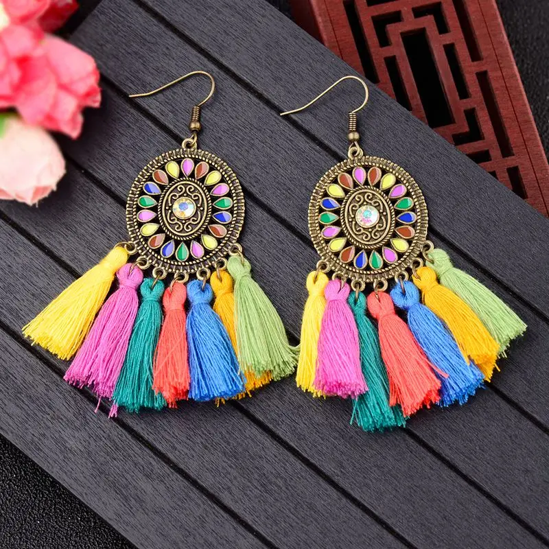 

TopHanqi Handmade Bohemian Statement Fringed Tassel Earrings For Women Vintage Long Drop Earrings Essential Oil Diffuser Jewelry