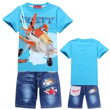 Детские летние шорты с рисунком самолета для мальчиков; джинсовые штаны; комплекты спортивной одежды; детская футболка с короткими рукавами; джинсовые комплекты одежды