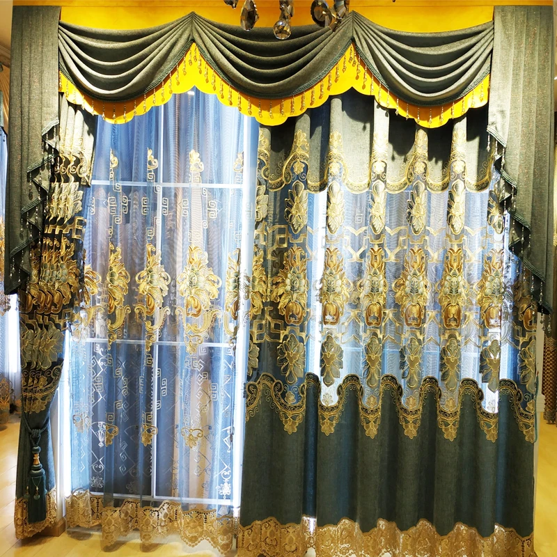 

Chenille Curtains for Living Room Embroidered High-end Villa Curtains for Bedroom Blue Tulle
