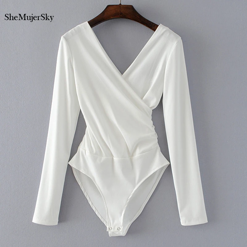 Comprar SheMujerSky traje sin espalda para mujer de manga larga monos negro blanco cuerpo mujer monos cortos de mujer