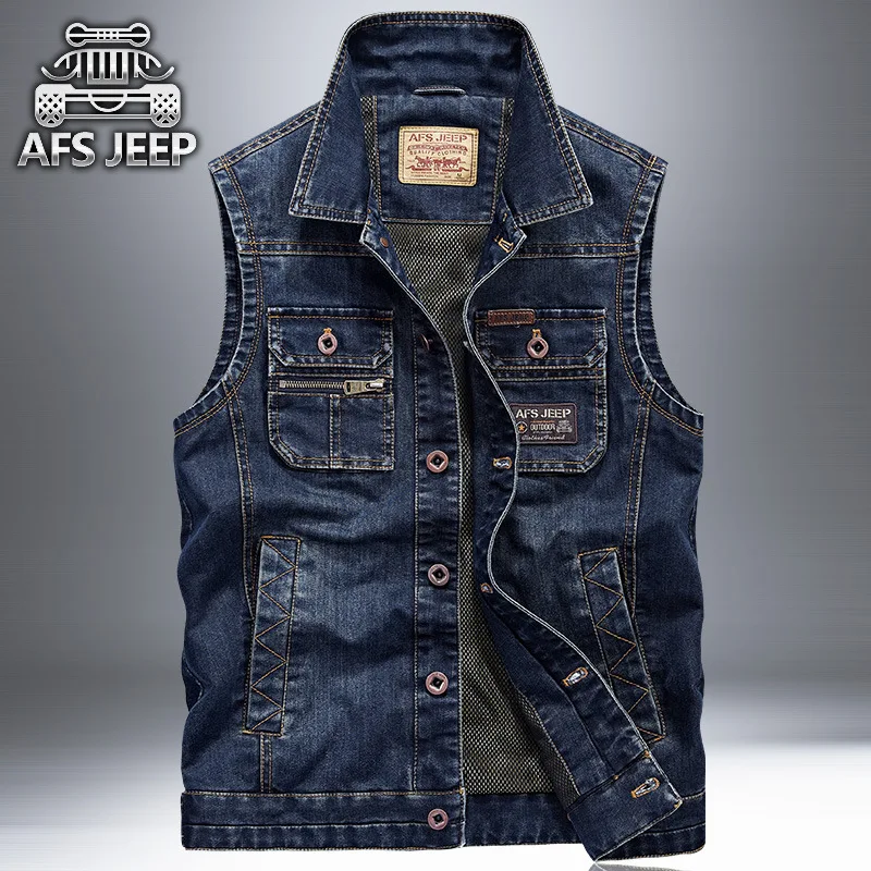 Asf Jeep Sleeveless Jean Jacket Men Cowboy Vest Multi Pocket Waistcoat