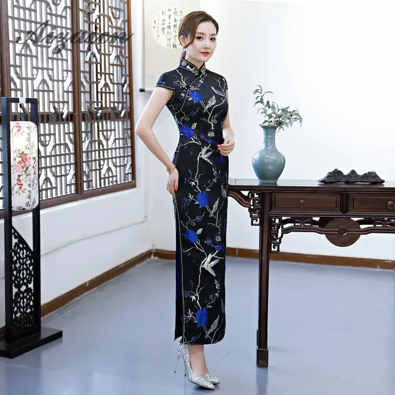 Восточный стиль ретро длинный Cheongsam черный Chinoise тонкий Qi Pao для женщин Китайская традиционная одежда платье Ципао Женская Роба в восточном