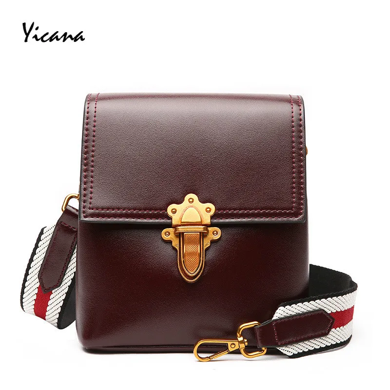 

Yicana 2018 New Style Cowhide Shoulder Messenger Woman Handbag Fashion lock catch Spin Bring Flap bag