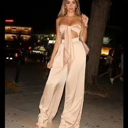 Сексуальный 2017 летний женский модный без рукавов без бретелек комплект из двух предметов vestidos с открытой спиной атласный комбинезон
