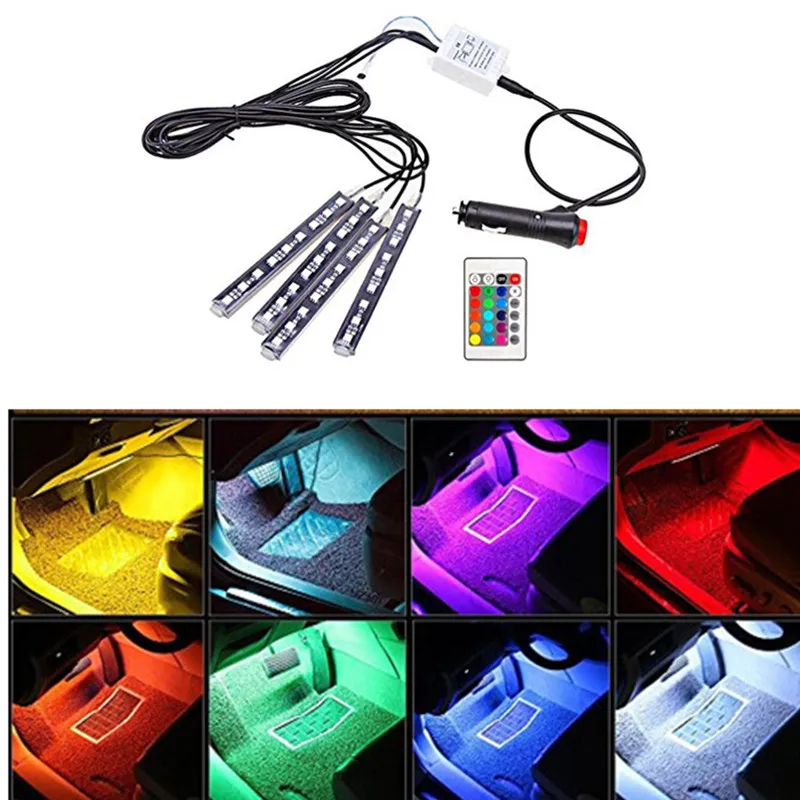 Koop 4 stks 12 v Auto RGB LED DRL Strip Licht 5050SMD Auto Auto Afstandsbediening Decoratieve Flexibele LED Strip Sfeer lamp Kit Fog Lamp