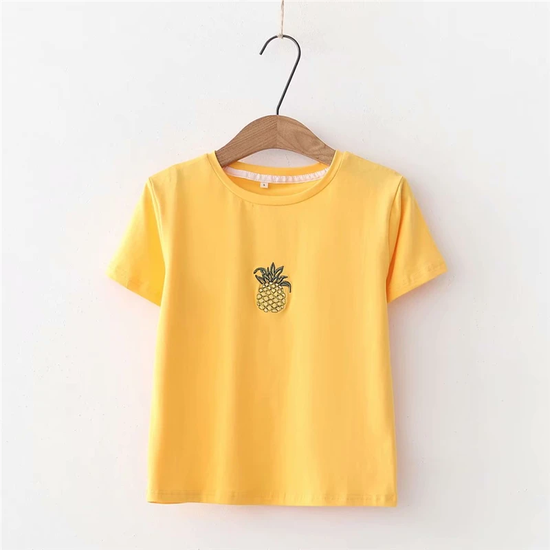 LUNDUNSHIJIA летние короткие стильные хлопковые футболки для женщин персиковая женская футболка с вышивкой Топы с коротким рукавом и круглым вырезом Женская футболка