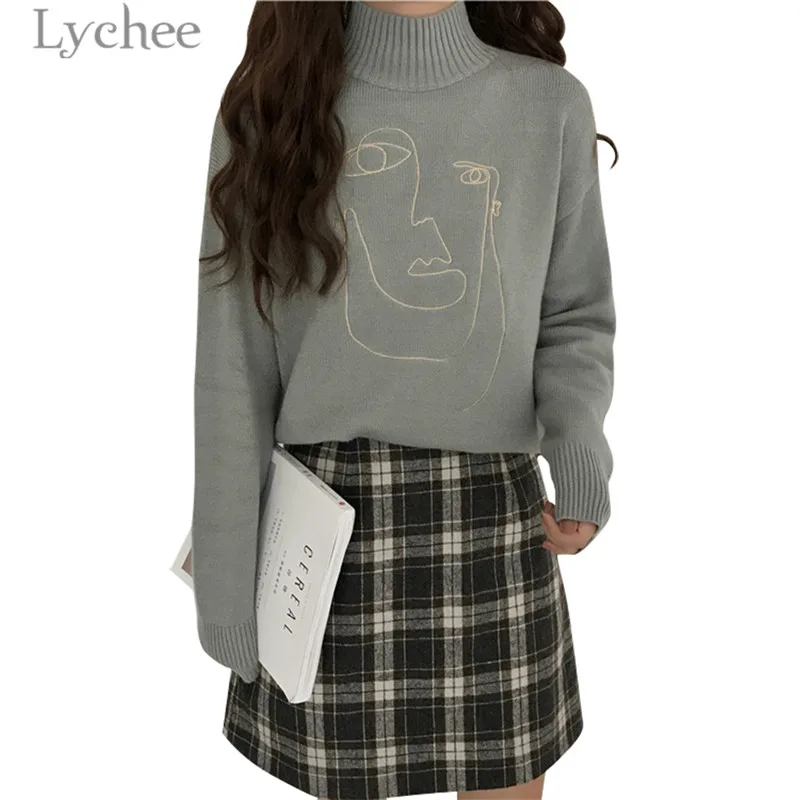 Lychee осень зима геометрический рисунок лица Вышивка женский свитер макет шеи с длинным рукавом мягкий Сплит пуловер свитер женский - Цвет: Gray