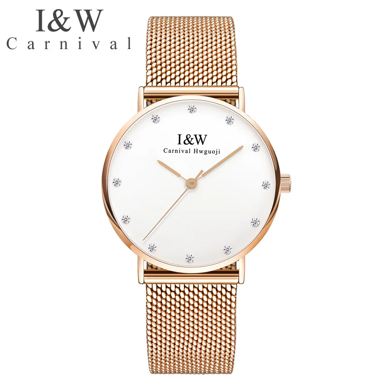 Koop Carnaval Ultradunne Vrouwen Horloges Ik amp; W Golden Diamond Rvs Quartz Horloge Dames Waterdicht Top Merk Luxe reloj mujer