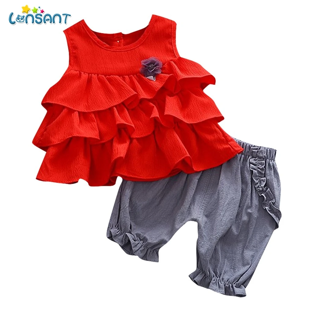 

LONSANT Girls Clothing Sets 2019 New Summer Girls Sleeveless Ruffles Design T-shirt+Casual Shorts 2Pcs Girls Clothes N30
