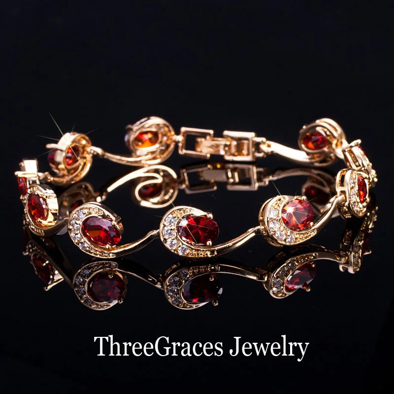 ThreeGraces новые модные женские аксессуары золотого цвета женские темно-синие Кристальные браслеты-Цепочки Браслеты с циркониевым камнем BR064 - Окраска металла: Red