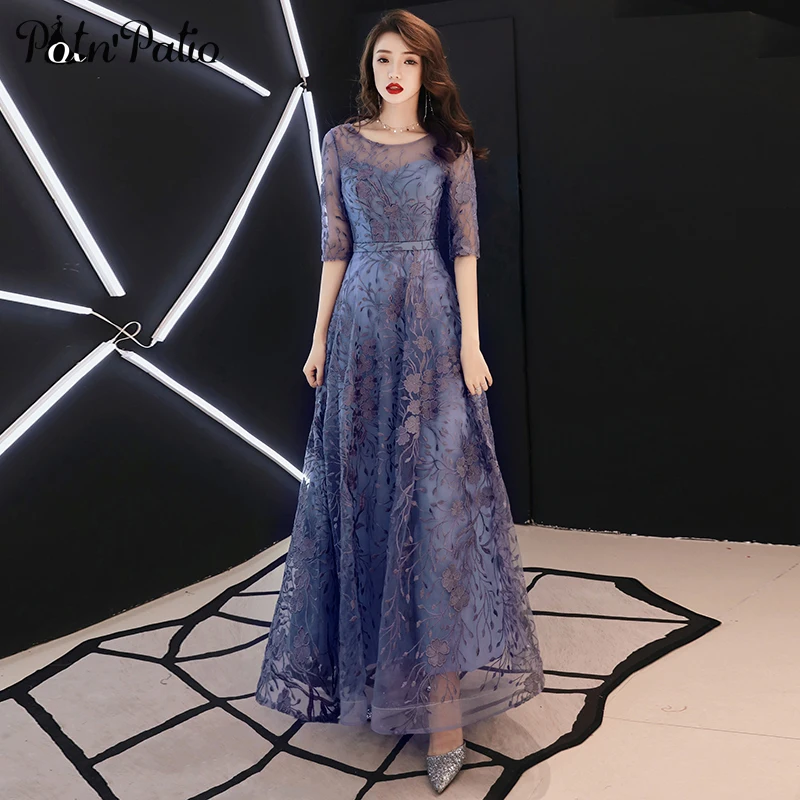 Lace Evening Dresses Long 2019 Elegant O-neck A-line Floor-Length Formal Evening Gown With Sleeves Plus Size Formal Dress Lace Evening Dresses Long 2019 Elegant O-neck A-line Floor-Length Formal Evening Gown With Sleeves Plus Size Formal Dress