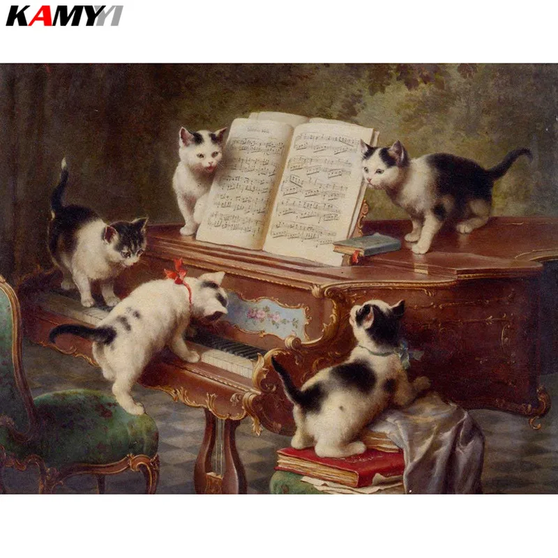 

Full Square/Round Drill 5D DIY Diamond Painting Cat learning to play the piano 3D Embroidery Cross Stitch Mosaic Decor HYY