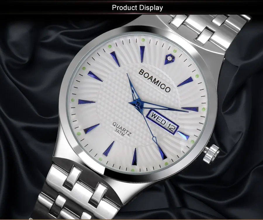 Мужские кварцевые часы Стальные деловые часы с календарем BOAMIGO брендовые серебряные Подарочные наручные часы 30 м Водонепроницаемые Relogio Masculino