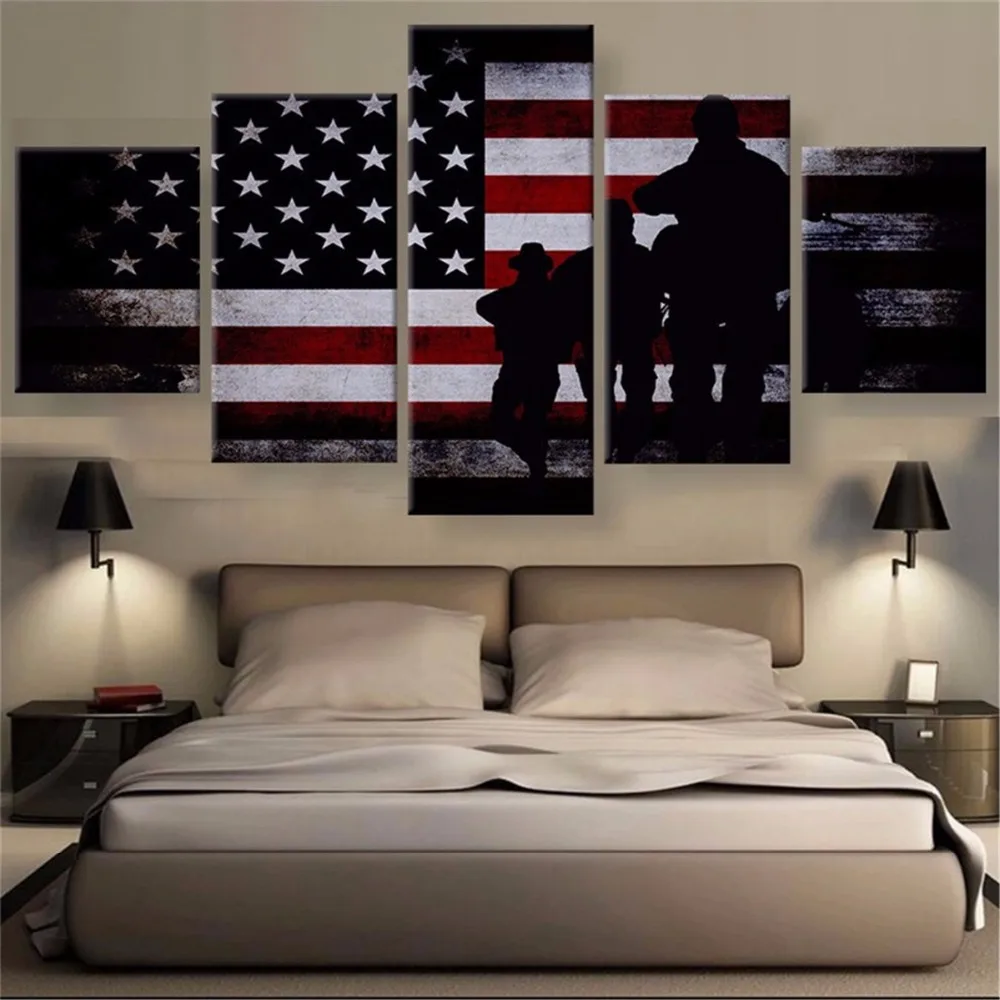 5 Panels Waterproof Canvas Painting American Flag HD Print Home Living