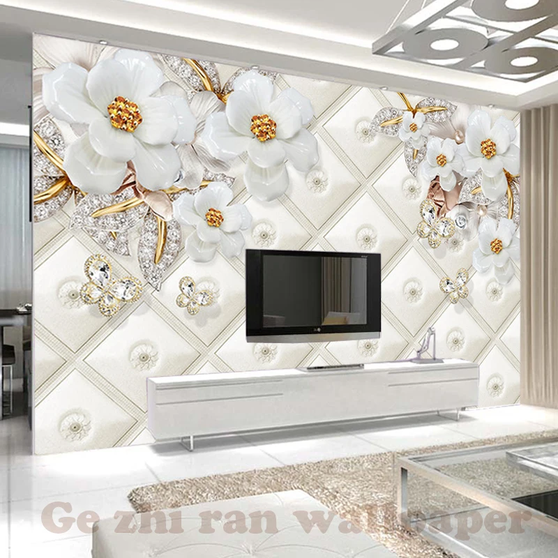 

Custom 3D Mural Wallpaper European 3d Relief White jewels and flowers Diamond leaves Living Room TV background wall Home Decor
