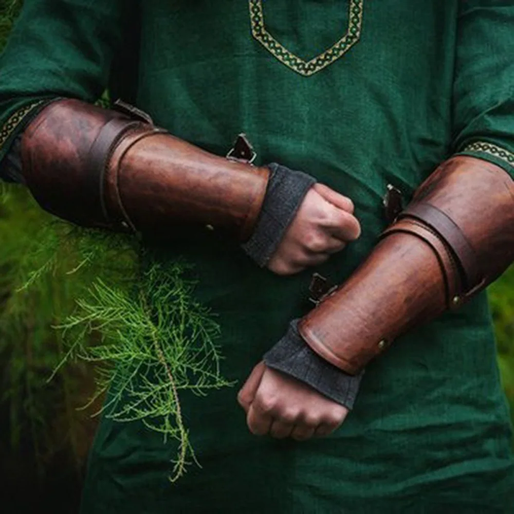 Medieval Bucket Arm Bracers Viking Cosplay Armor Viking Gauntlet Wristband Bracelet Wrist Sleeve Black/Brown 1 Pair