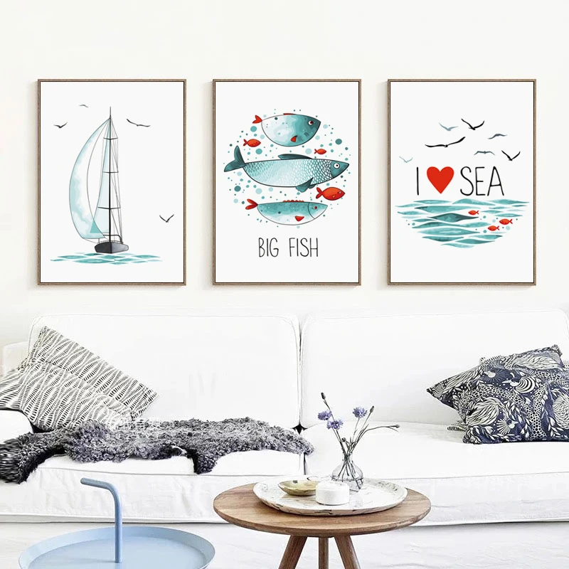 Nordic Minimalist Marine Fish Sailboat And Seagull Poster Print Canvas Painting Picture Home Wall Art Decoration Wall Stickers