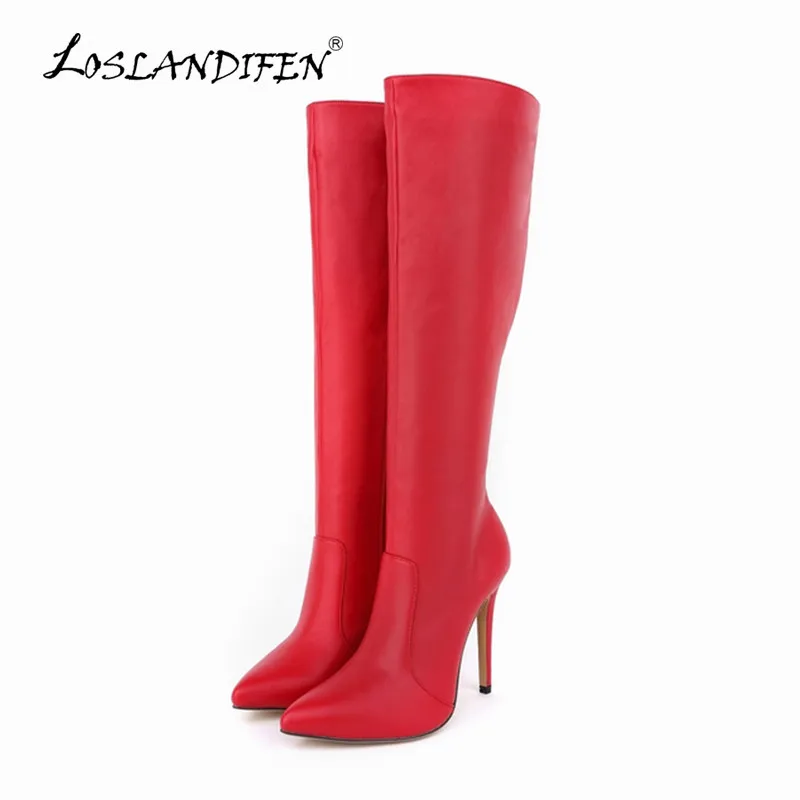 

LOSLANDIFEN Womens Boot Platform Matte High Heels Leather Knee Wide Leg Stretch Boots Winter Autumn Shoes US Size 4-11 769-3