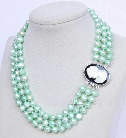

Wholesale 100% Natural jewelry 16"-18" 3row 9mm light green pearls necklace seashell clasp