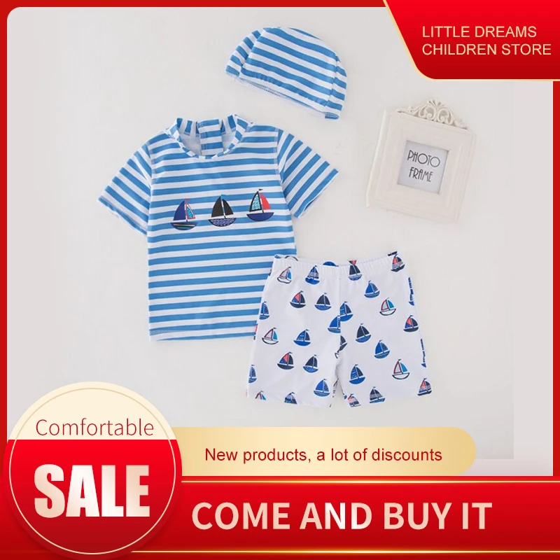 Free Ship Baby Swimwear Boys Infant Toddler Swimwear Kids Striped 3Pcs