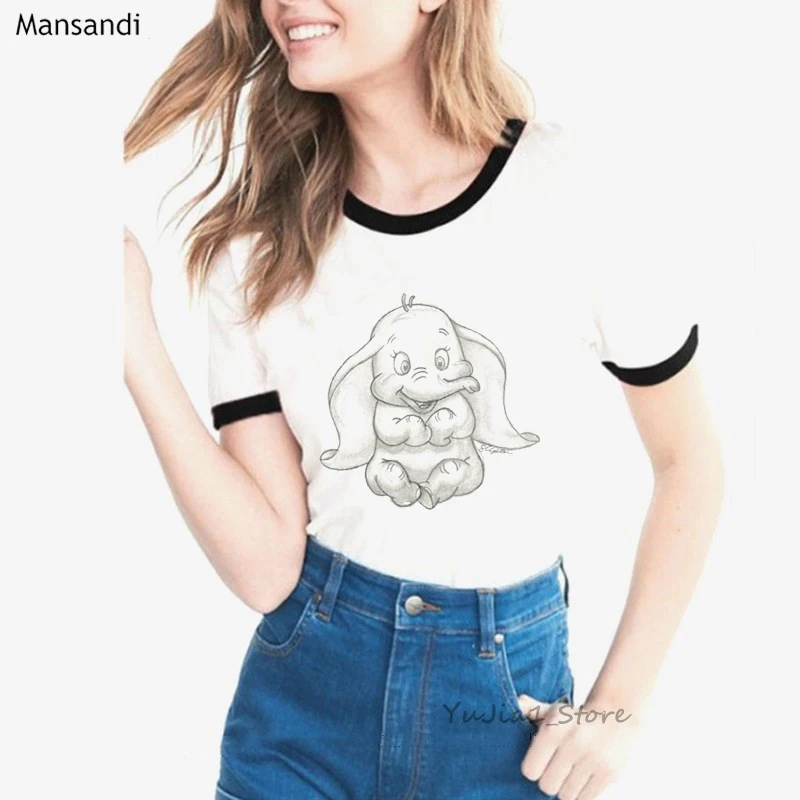 Dumbo Очаровательная футболка с изображением слона и животным принтом, женская одежда, модные Забавные футболки, женские футболки tumblr, женские футболки