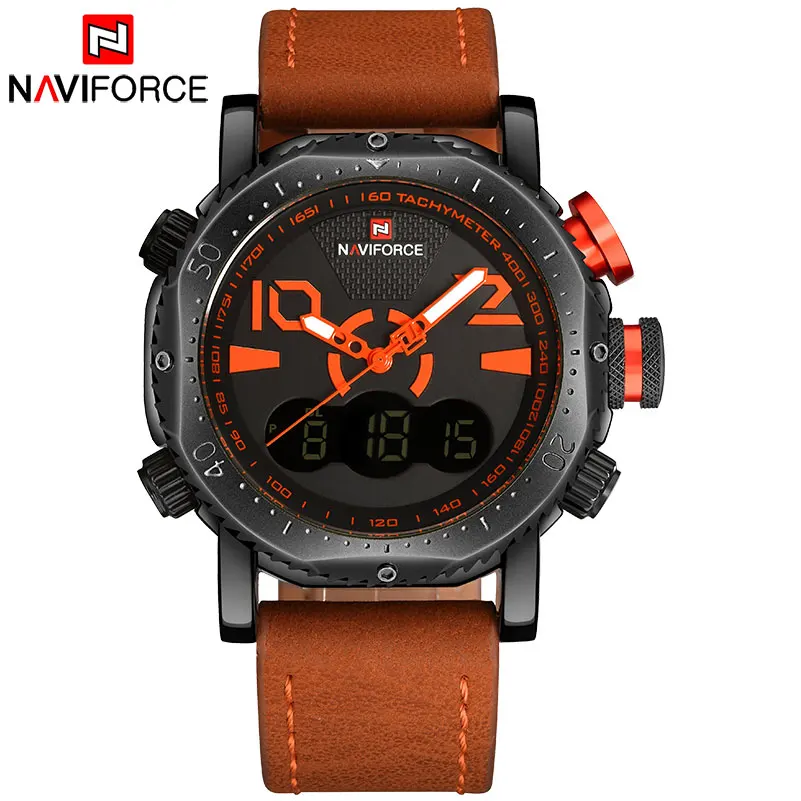 Бренд NAVIFORCE, мужские спортивные часы, двойной дисплей, часы для мужчин, светодиодный, цифровые, аналоговые часы, оранжевые, кварцевые часы, 30 м, водонепроницаемые мужские часы