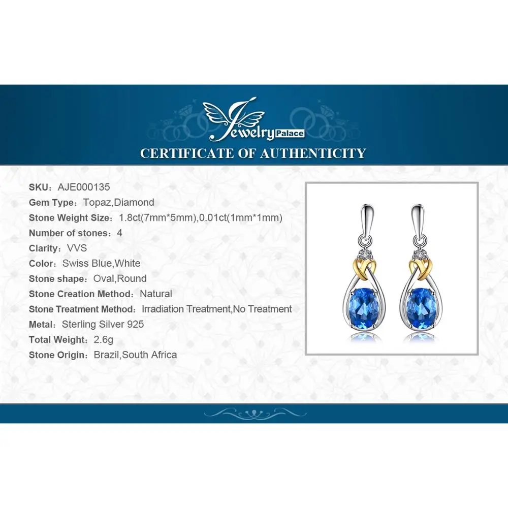Jewelrypalace Любовь Узел 1.9ct Природный Голубой топаз алмаза акцентировано стерлингового серебра 925 18 К золото Длинные висячие серьги Красивые ювелирные изделия