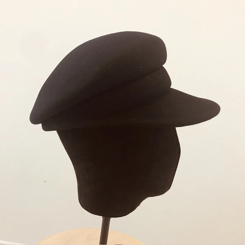 Шерстяная белая черная зимняя шапка теплая шерстяная шапка для женщин козырек берет газетчика шляпа шапка для девушек Дамская фетровая церковная шляпа - Цвет: Черный