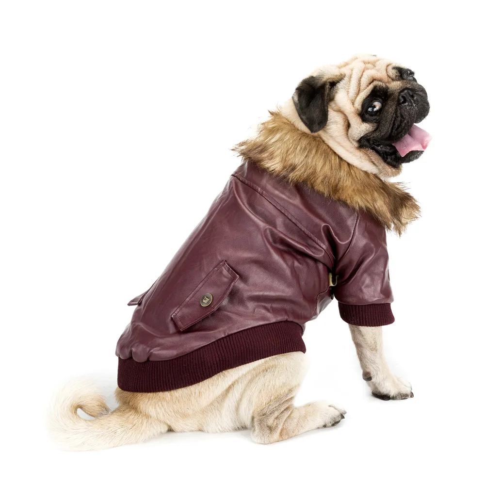 Роскошная Одежда для собак KEK из искусственной кожи, зимнее пальто для собак, воротник из искусственного меха, модная теплая одежда для маленьких собак, французский Бульдог