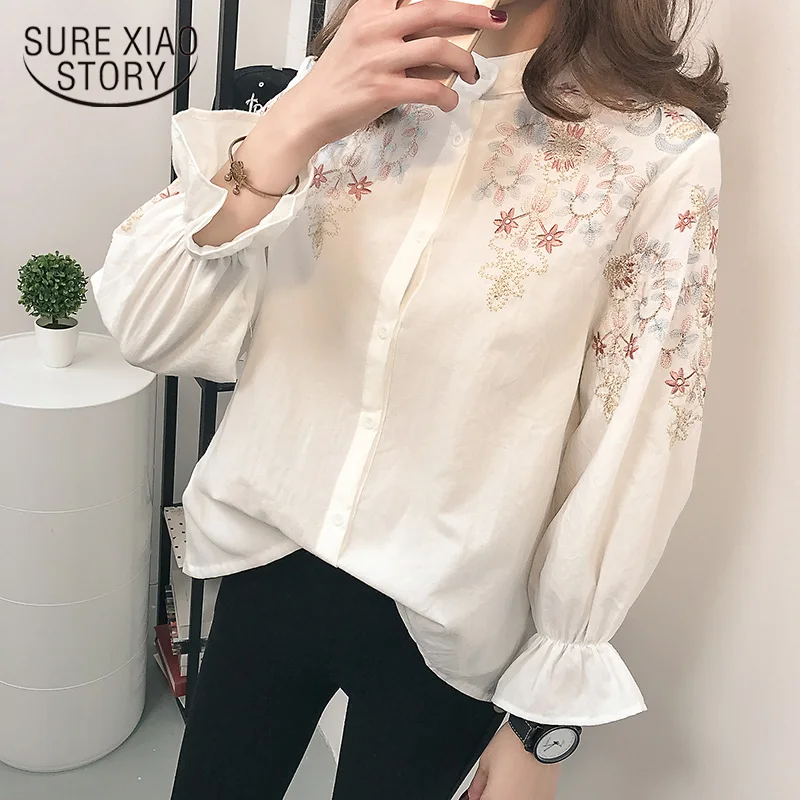 

Blouse Shirt Female Cotton 2019 Women Blouses Embroidery Shirts Shoulder Long Sleeve Casual Tops Shirts Blue White Blusas902A 30