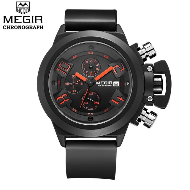 MEGIR водонепроницаемый хронограф 6 Hands 24 часа функция часы мужские спортивные силиконовые наручные часы мужские армейские наручные часы reloj hombre - Цвет: Black