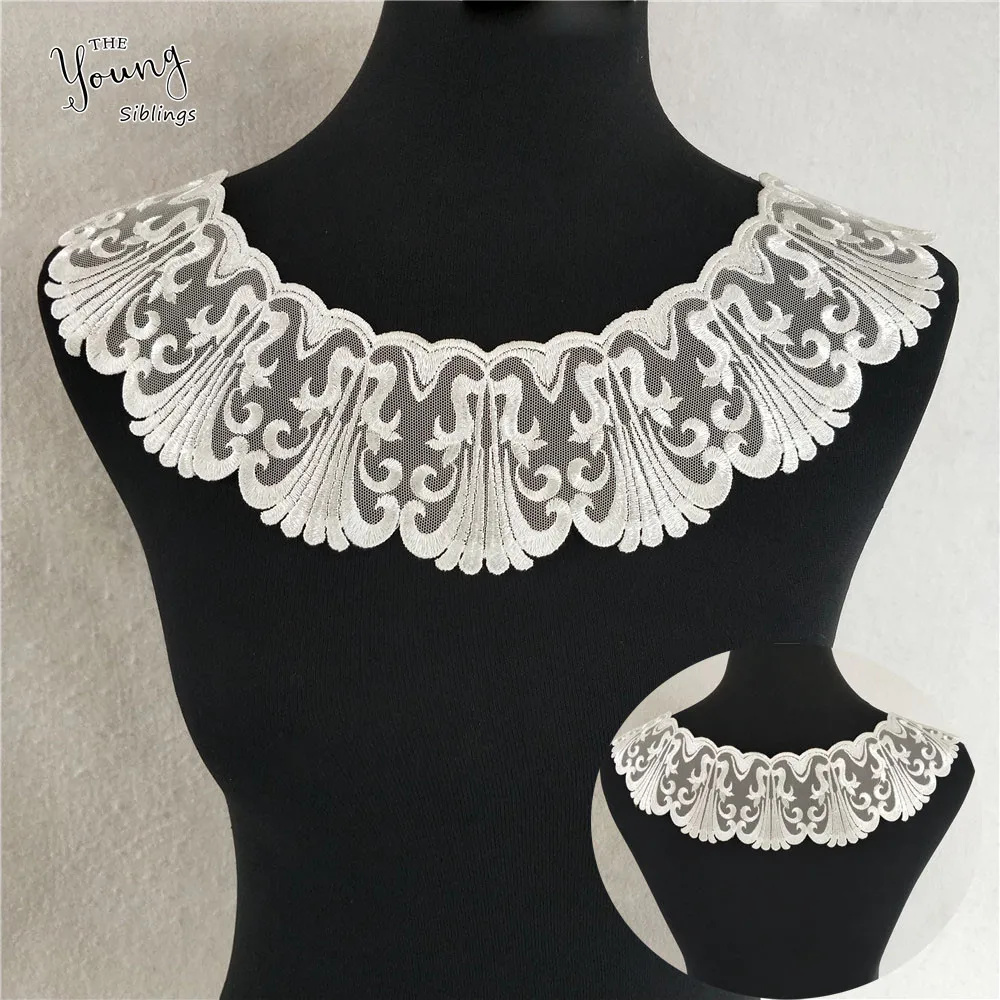 

White Organza Embroidery Lace Collar Fabric Sewing Applique DIY Bridal Material Lace trim Neckline Wedding Supply Front and Back