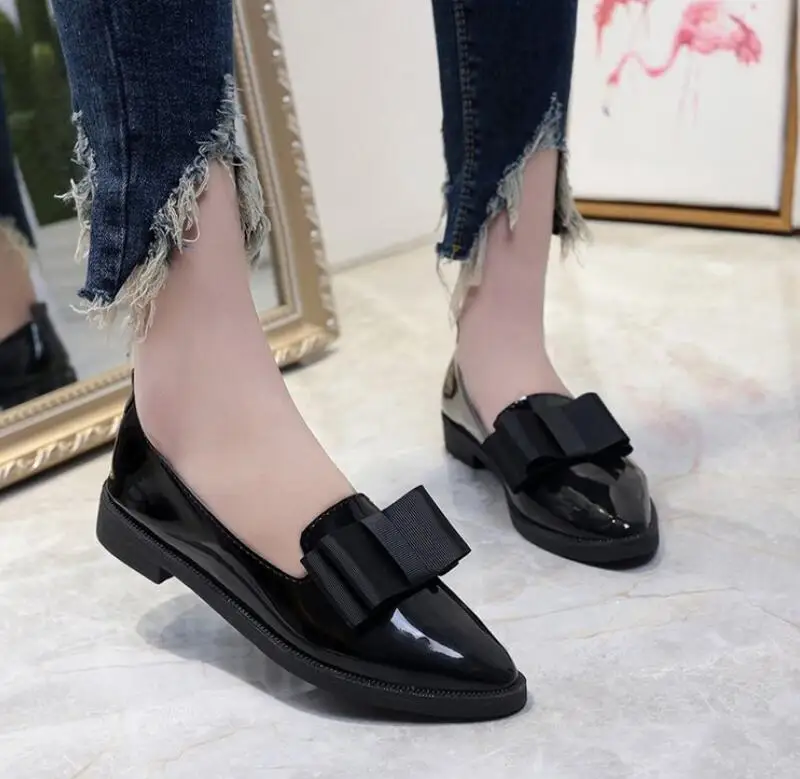 Spring Flats Women Shoes Bow-Tie Loafers Patent Leather Low Heels Slip On Female Thick Heel Single Shoes