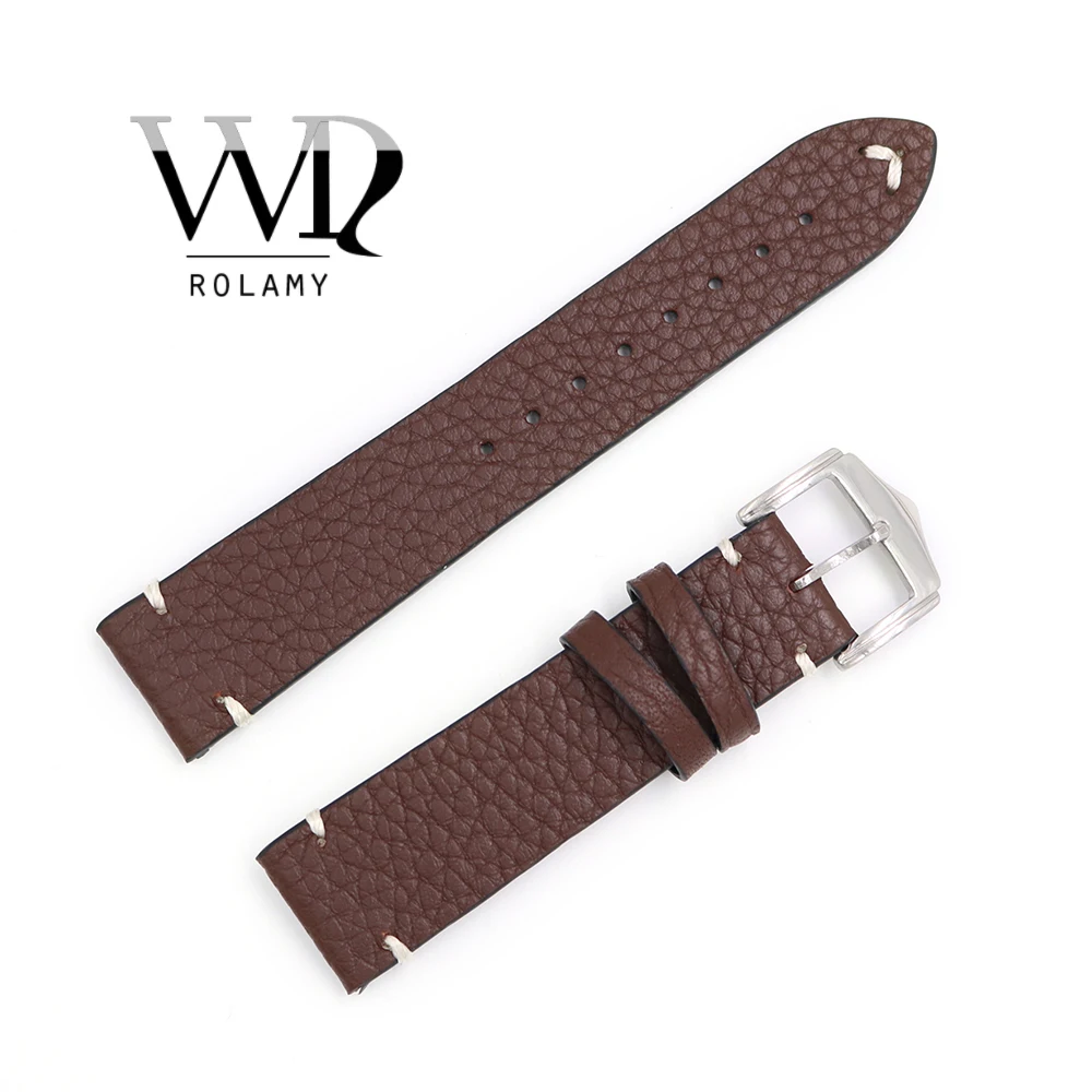 

Rolamy 20 22 24mm Wholesale Genuine Cowhide Smooth Vintage Leather Black Brown Blue Red Watch Band Strap With Polish Buckle